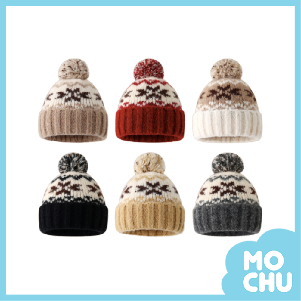 雪花毛球加厚毛線帽(六色)