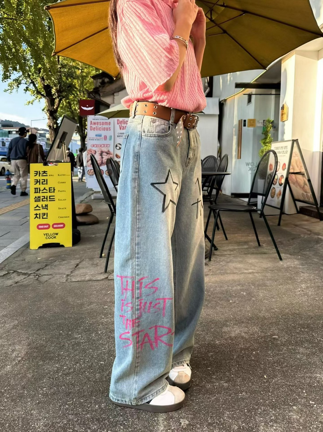 星塗鴉牛仔長褲