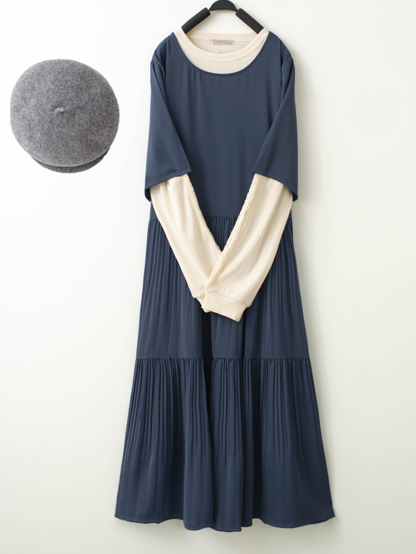 圓領壓褶短袖長洋裝簍空蕾絲長袖上衣組合