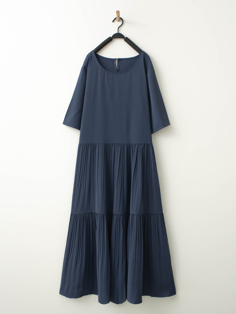 圓領壓褶短袖長洋裝簍空蕾絲長袖上衣組合