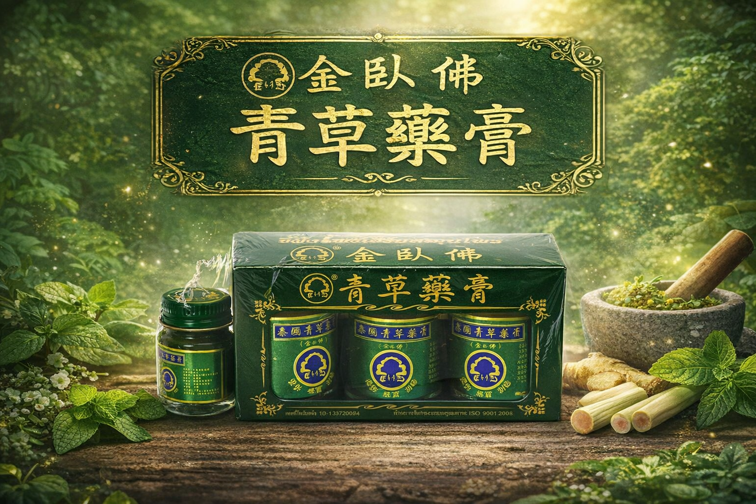 泰國 玉菩藥堂有限公司 金臥佛 青草膏 50g×3＋15g×1｜草本外用按摩 放鬆舒適組