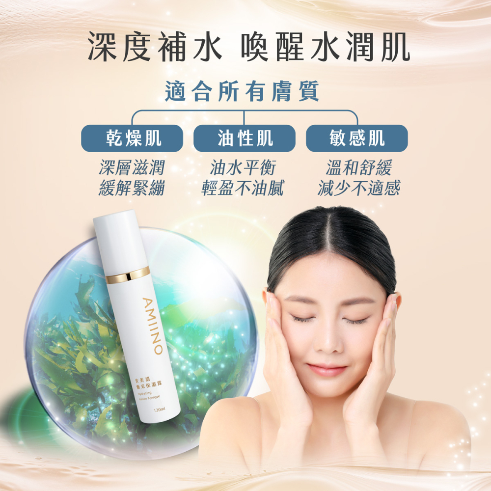 產品圖展示安美諾保濕露如何適用於所有膚質。一位女性閉眼享受地觸摸臉頰，旁邊的產品瓶身被包覆在一個水潤的球體中。圖片上方標示產品對乾燥肌、油性肌和敏感肌的益處，主題是「深度補水，喚醒水潤肌」。