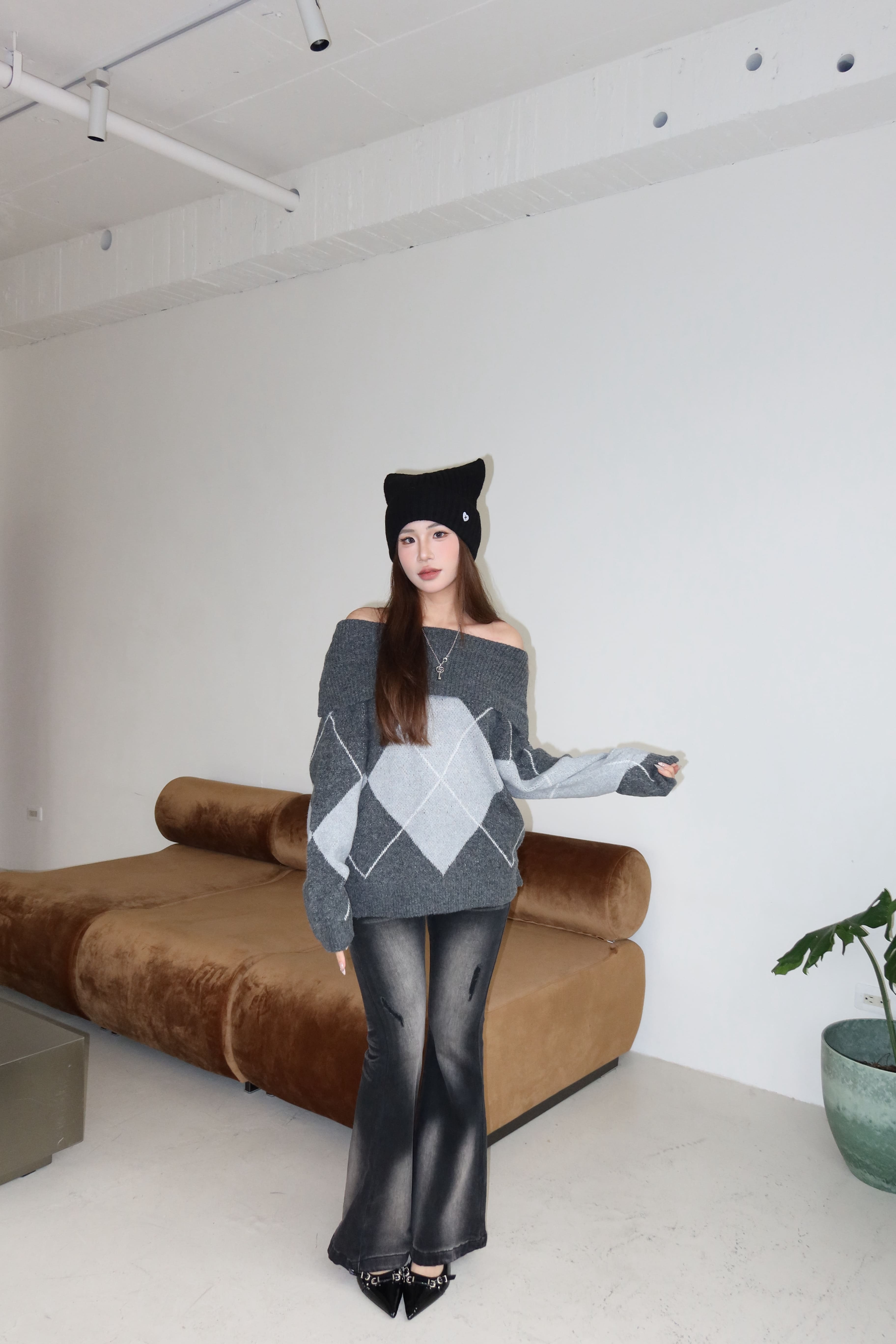 高領格紋針織毛衣