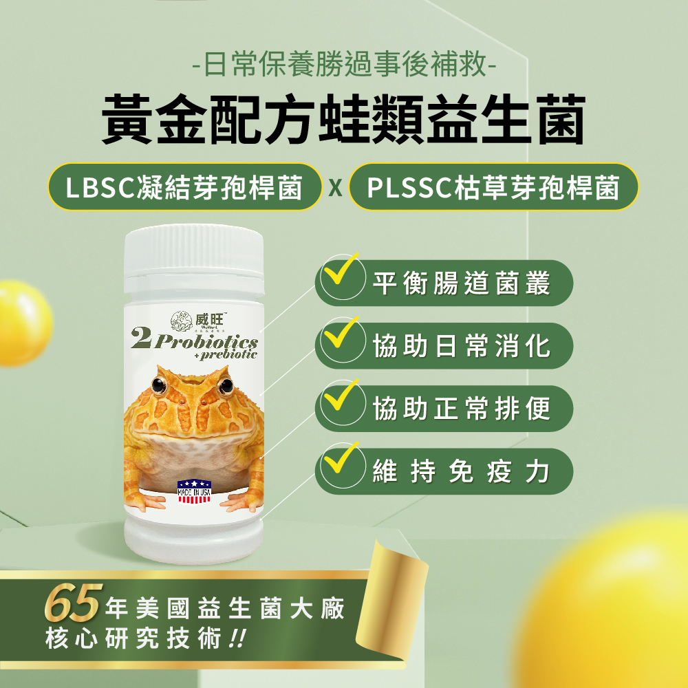 威旺蛙用腸胃二菌說明圖，雙芽孢桿菌配方，幫助腸道菌叢平衡與日常消化保養