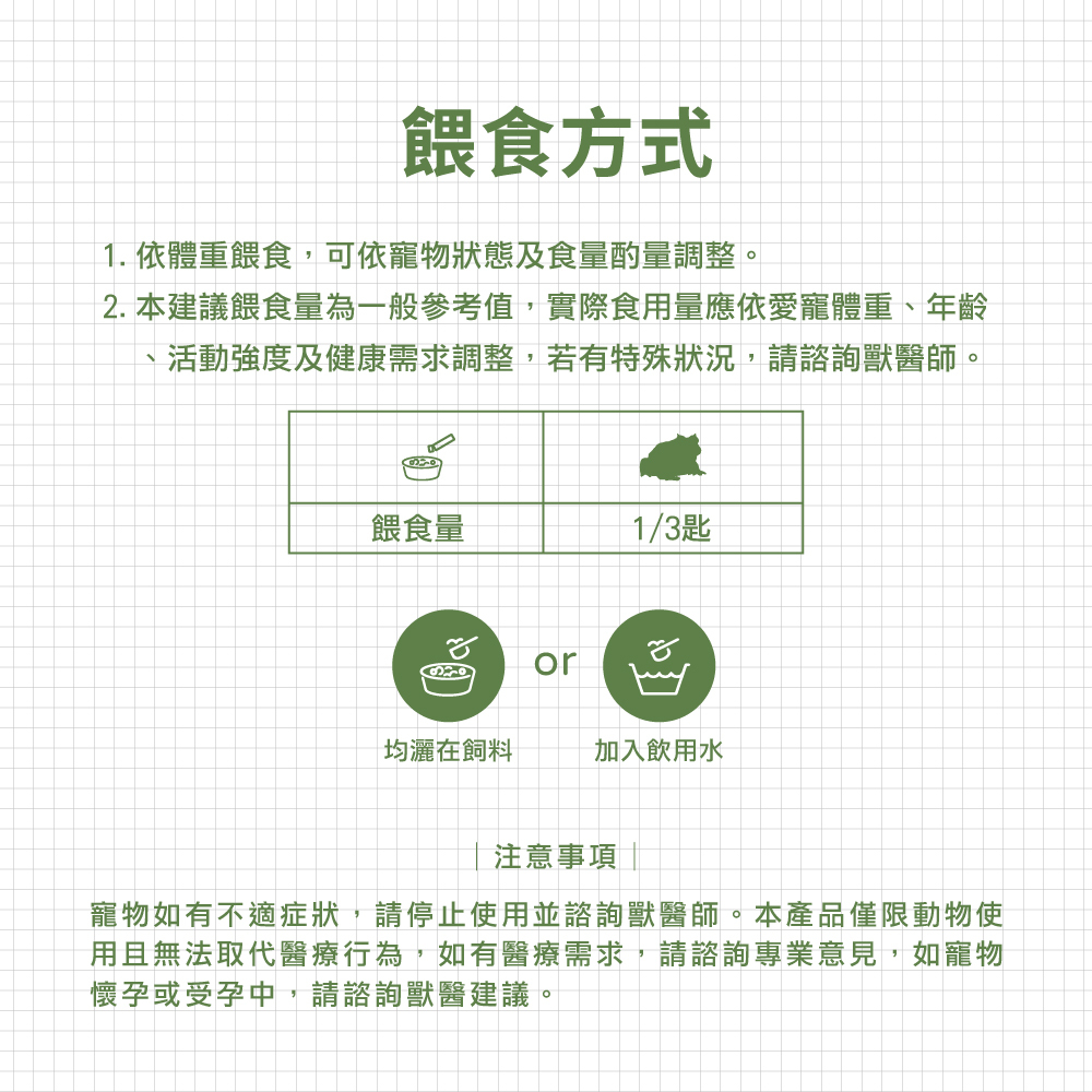 威旺蛙用腸胃二菌食用方式示意，可加入食物內食用或搭配水