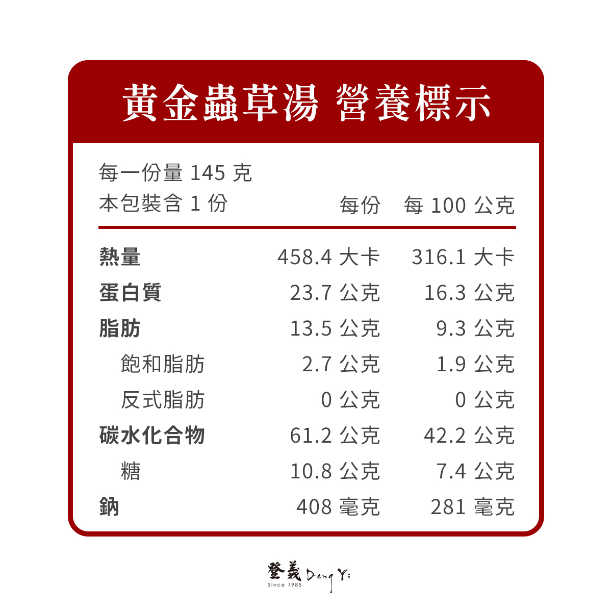 登義黃金蟲草湯營養標示