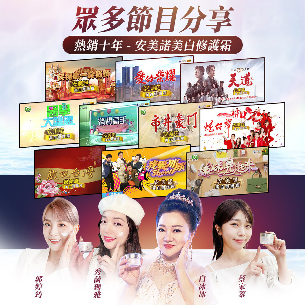 安美諾美白修護霜熱銷十年媒體實證：獲白冰冰等藝人推薦，並在醫學大聯盟等多檔電視節目中獲得高度評價與分享，累積深厚口碑。