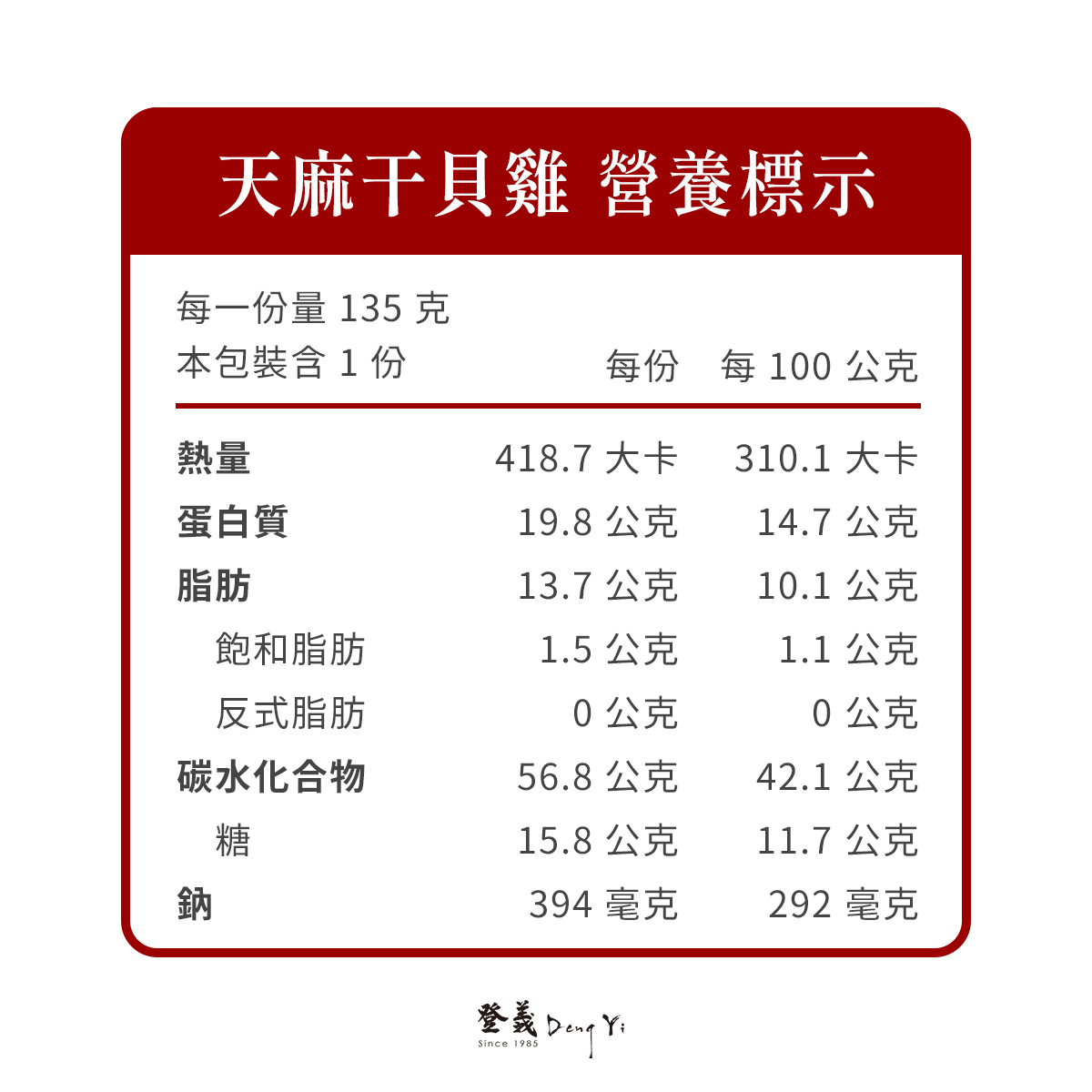 登義天麻干貝雞營養標示