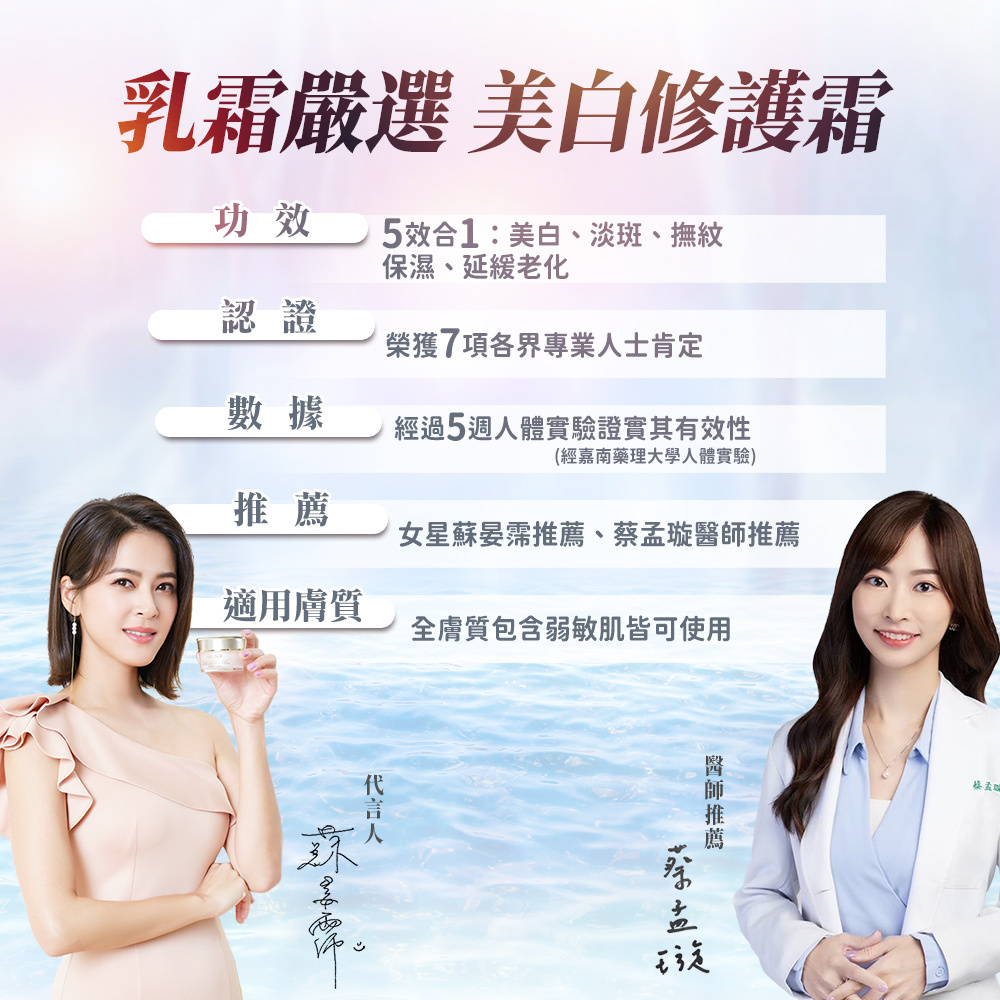安美諾美白修護霜產品特色總覽：主打5效合1美白淡斑，經人體實驗證實有效，且配方溫和，全膚質與弱敏肌皆可安心使用。