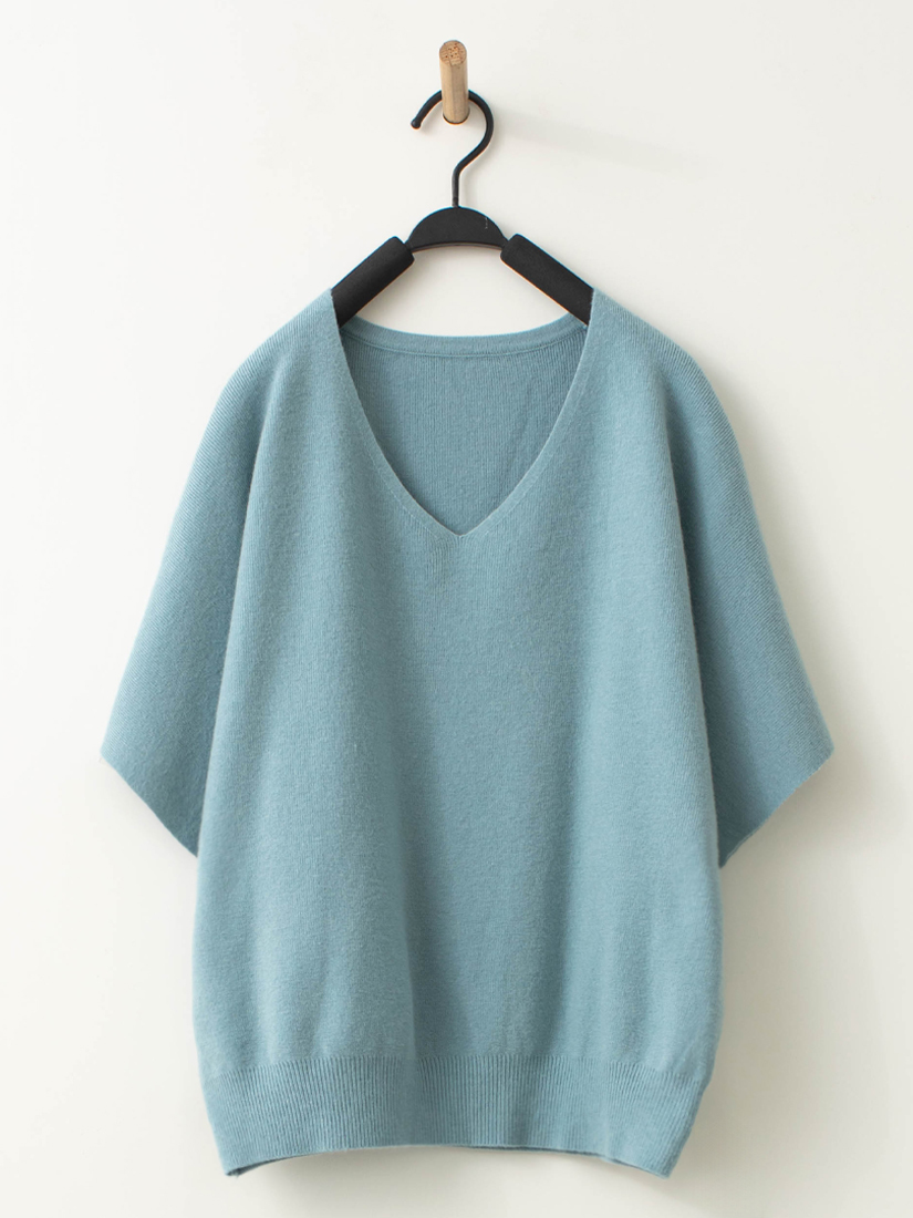 V領針織短袖上衣格紋後開衩顯瘦長裙組合