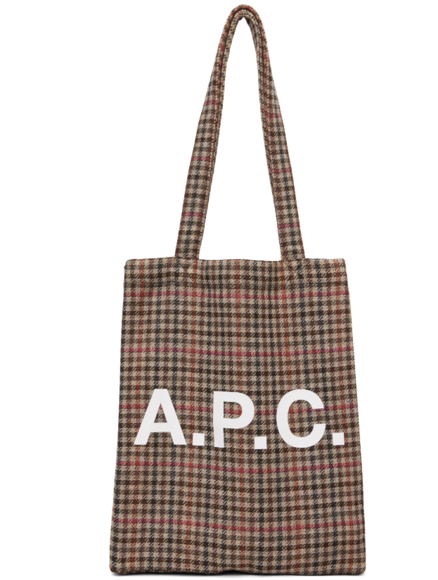 1FF0101-078 A.P.C. Ninon Tote Bag Unisex Horizontal Tote Bag in Chestnut Brown Tartan Wool (SS26) #WVBEJ-M61442_CAC (B-EU-E)