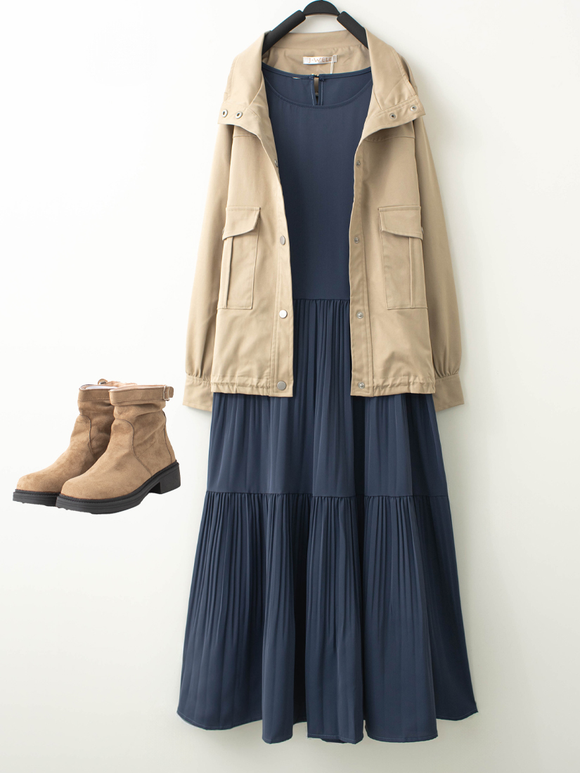 立領工裝口袋夾克外套壓褶短袖長洋裝組合