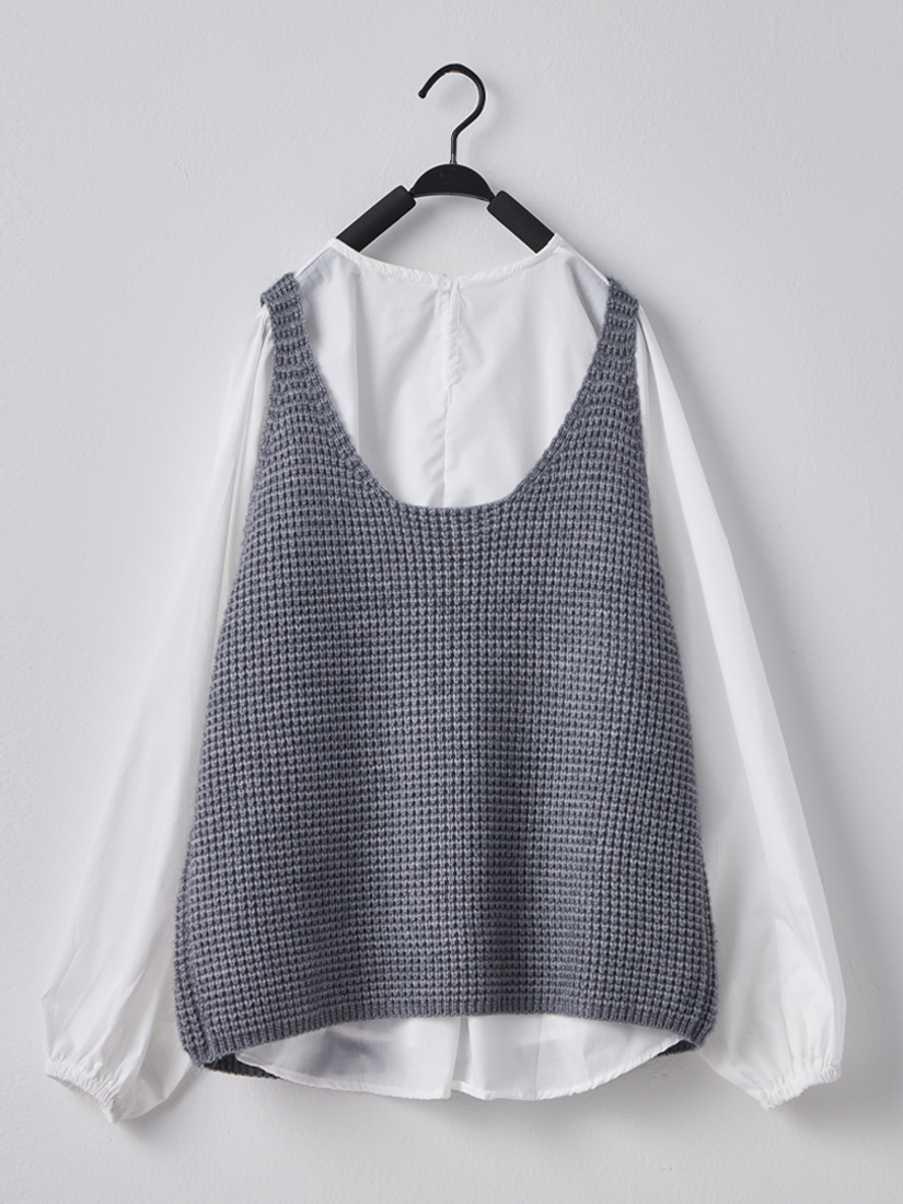 鬆餅格口袋針織背心襯衫層次兩件式上衣
