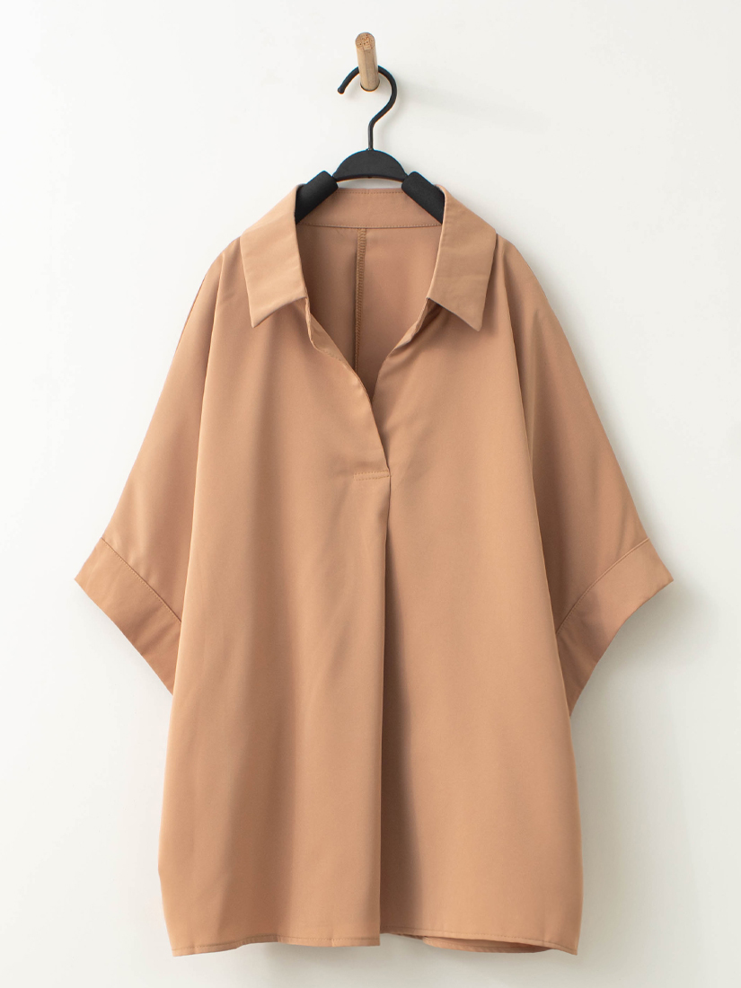 簡約半開襟霧面垂墜感連袖短袖上衣