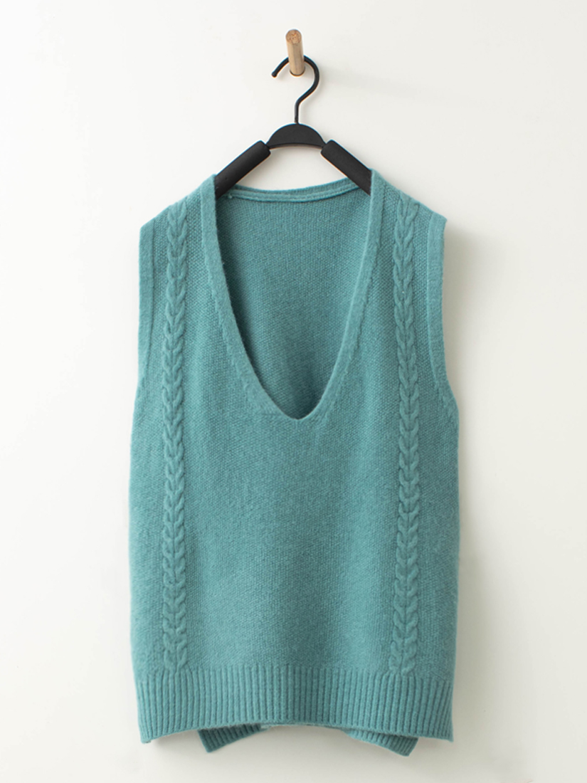 V領麻花針織背心棉絨立領內搭格紋法蘭絨寬褲組合