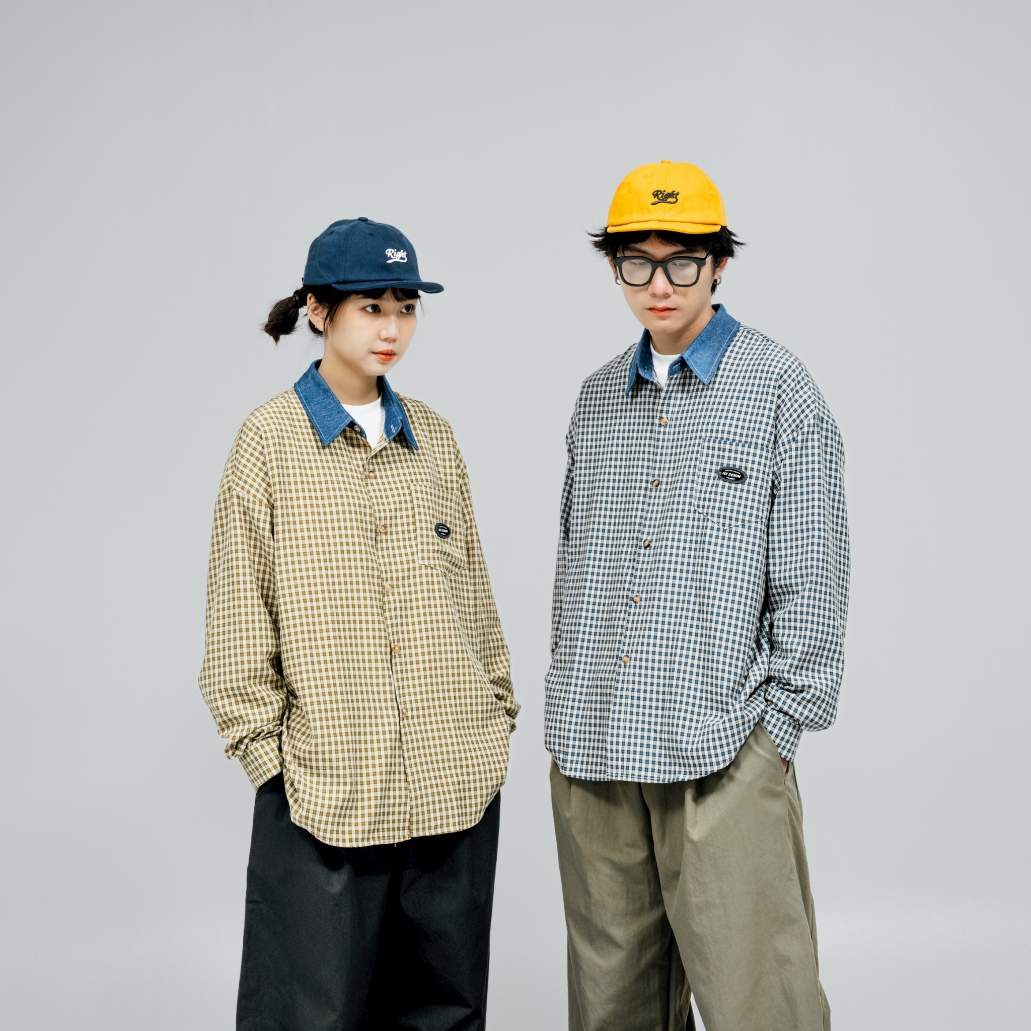 SBG 撞色牛仔領格紋長袖襯衫【V0007】