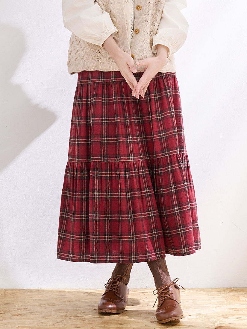 輕學院氣質經典蘇格蘭格紋法蘭絨蛋糕長裙