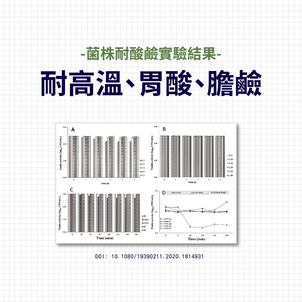 威旺蛇用腸胃二菌耐胃酸與膽鹼測試數據圖，顯示菌株於消化環境中的穩定性