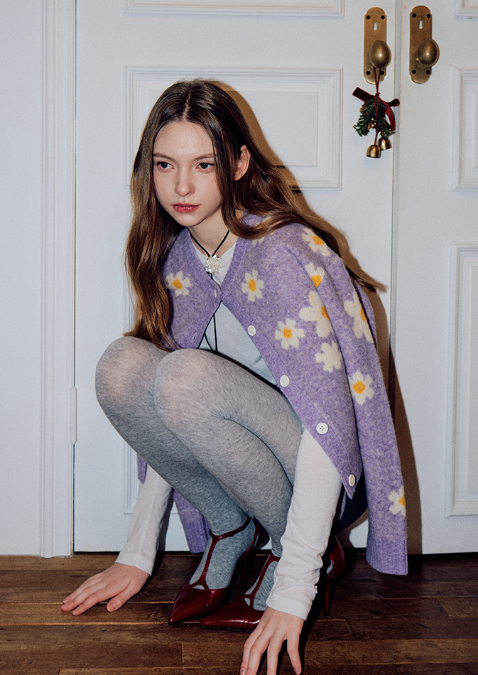 韓國lotsyou復古小花開襟針織外套均碼(紫/灰-2色可選)