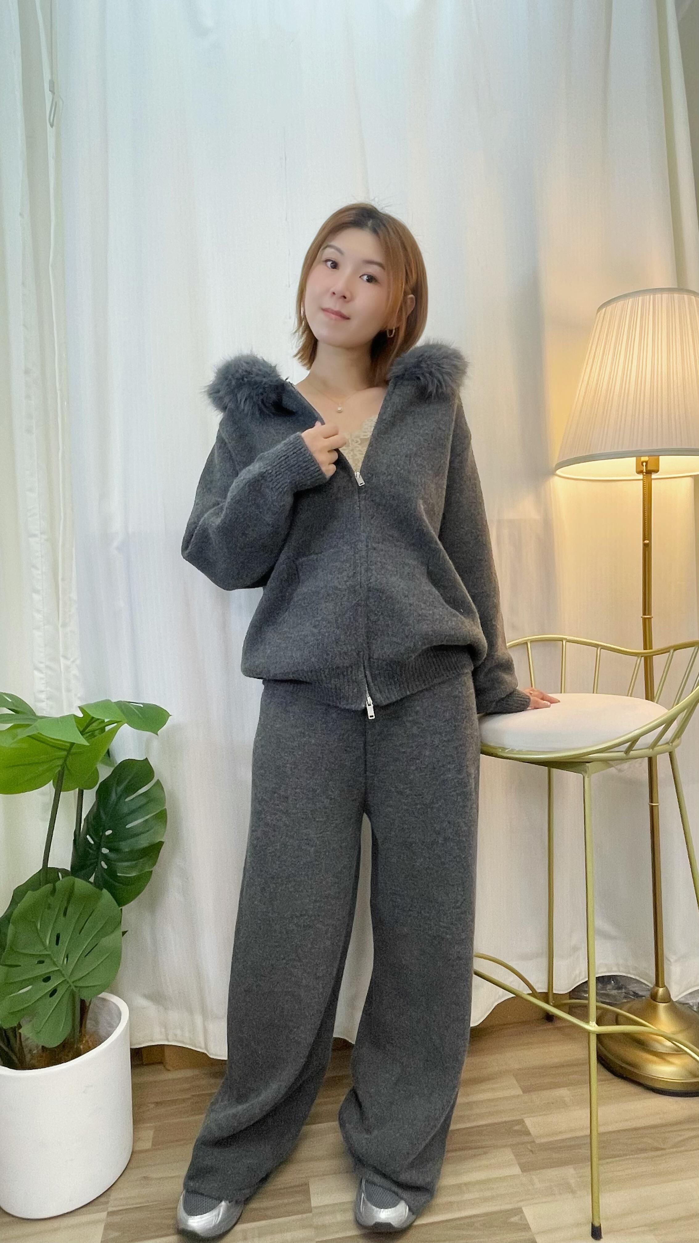 毛毛帽拉鍊外套套裝