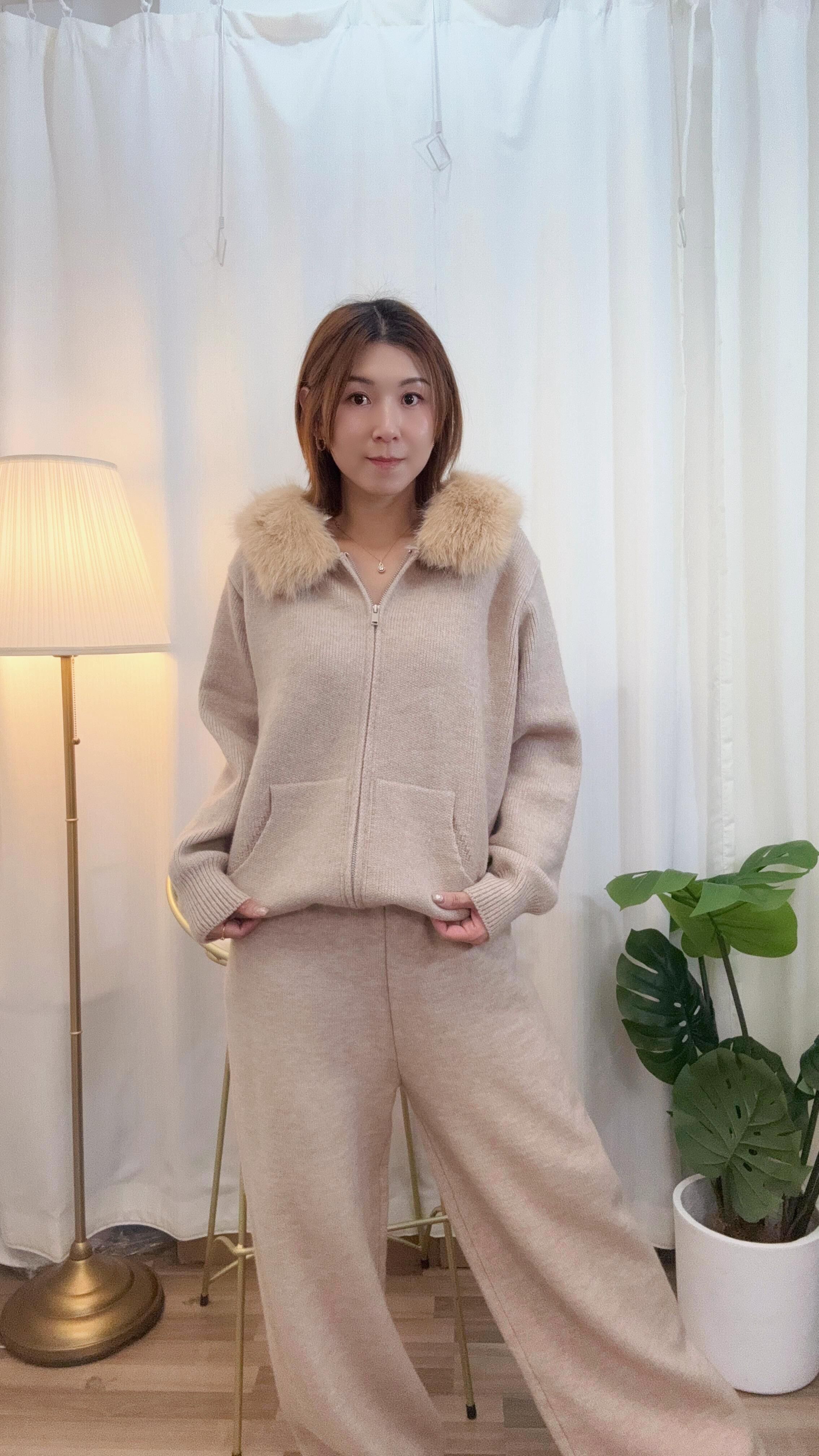 毛毛帽拉鍊外套套裝