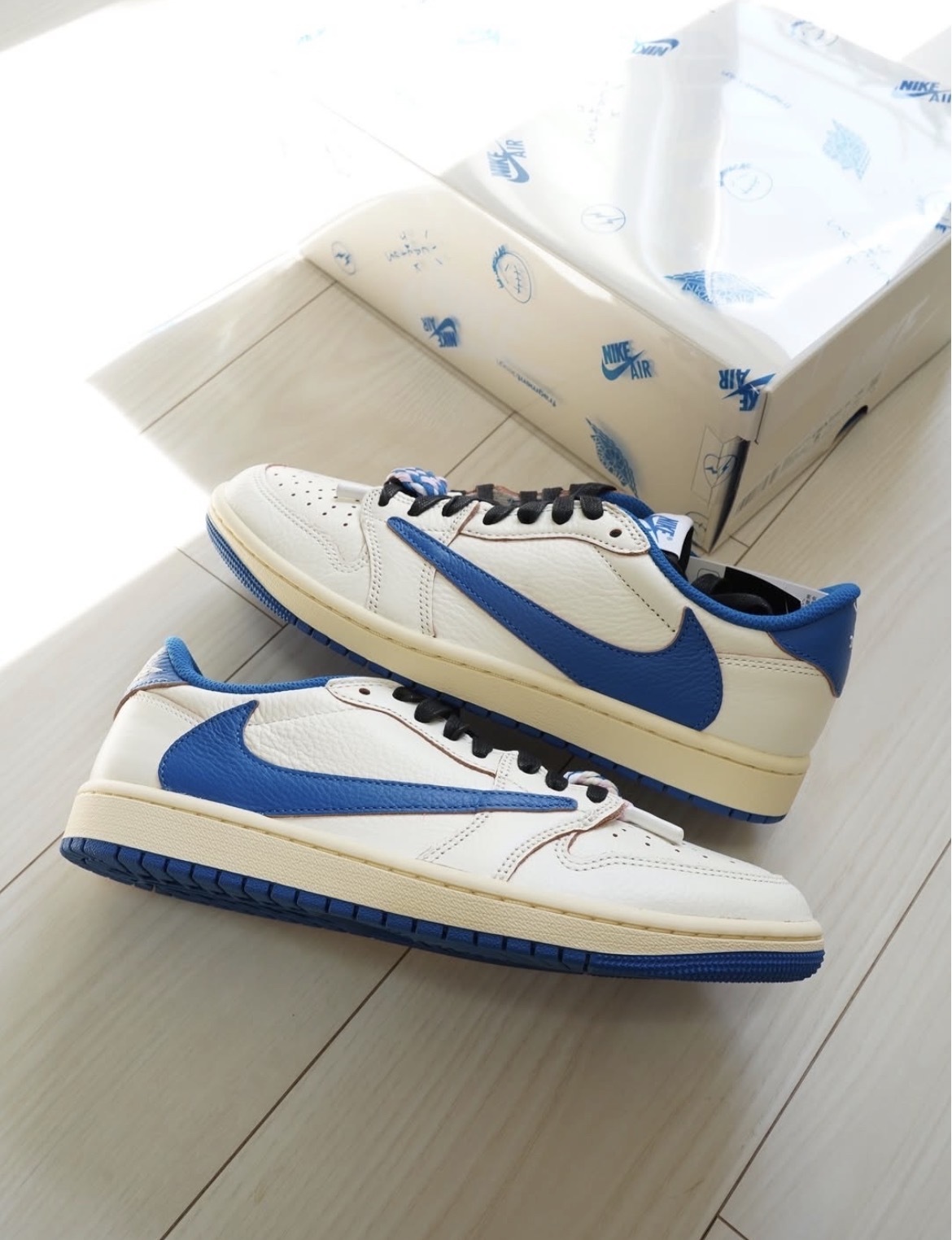 【逢甲FUZZY】Fragment x Travis Scott x Air Jordan 1 Low  "Sail Military Blue" 倒勾 藤原浩 閃電 三方聯名 DM7866-104