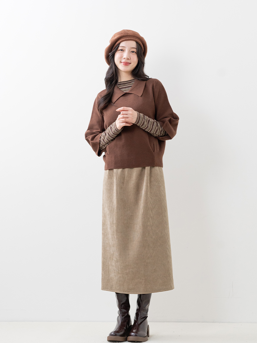 鬆緊高腰顯瘦後開衩條絨直筒長裙