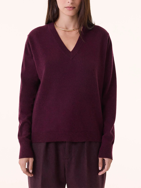 KUJTEN V領羊絨上衣(暗紅)