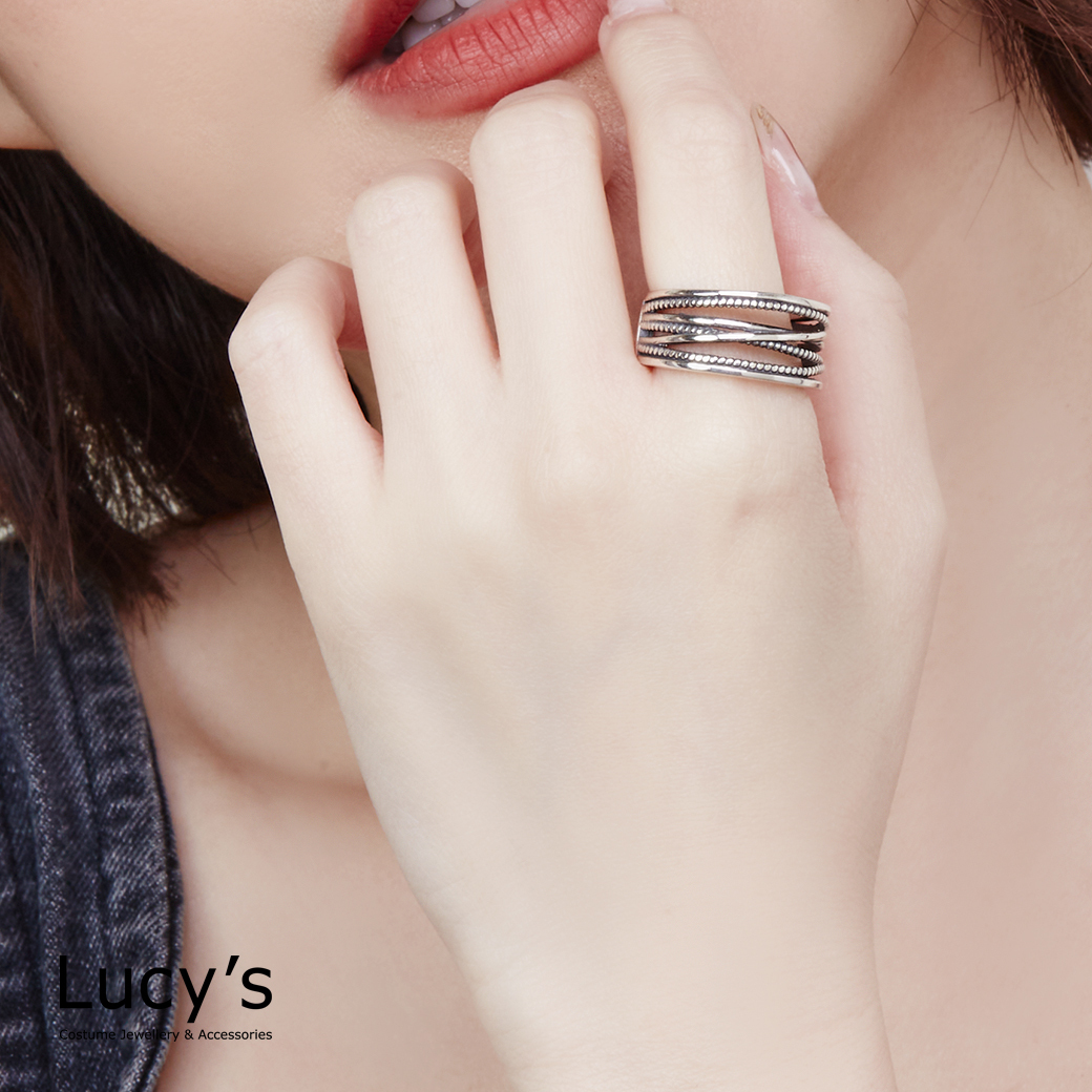 925純銀 線條層疊 硫化戒指 (126236)