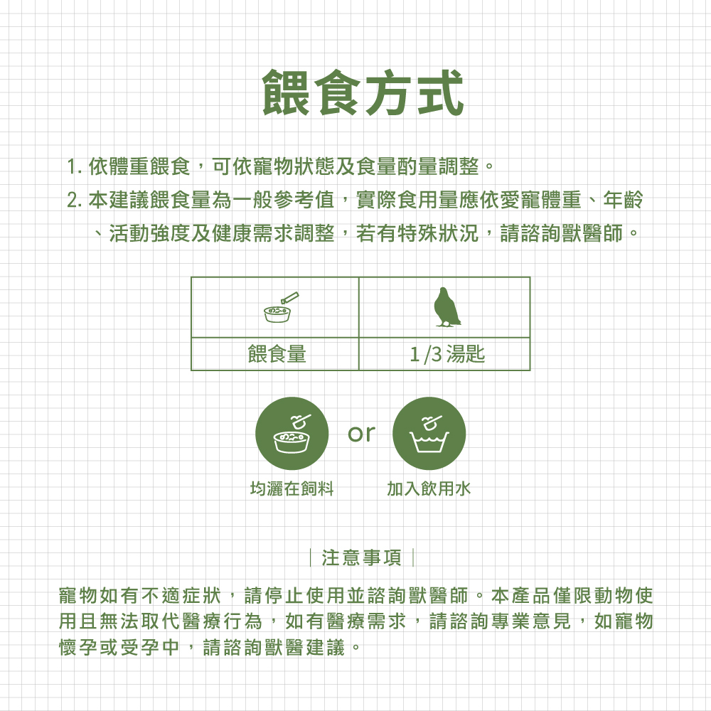 威旺鴿子用腸胃二菌食用方式示意，可加入食物內食用或搭配水