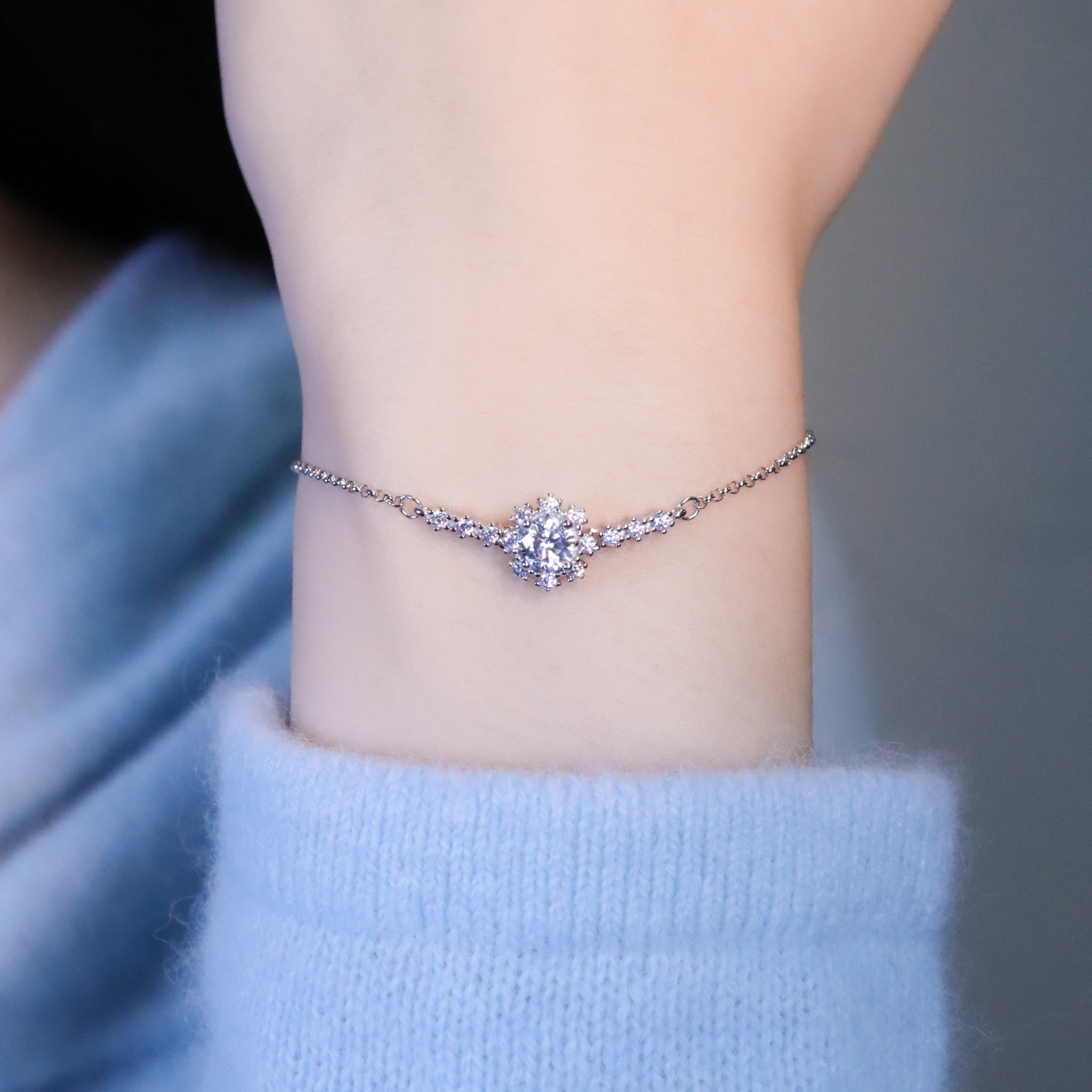 | 925純銀・ 厚鍍白金 ・莫桑石 | 鑽光只看見你手鏈 | BR1484 |