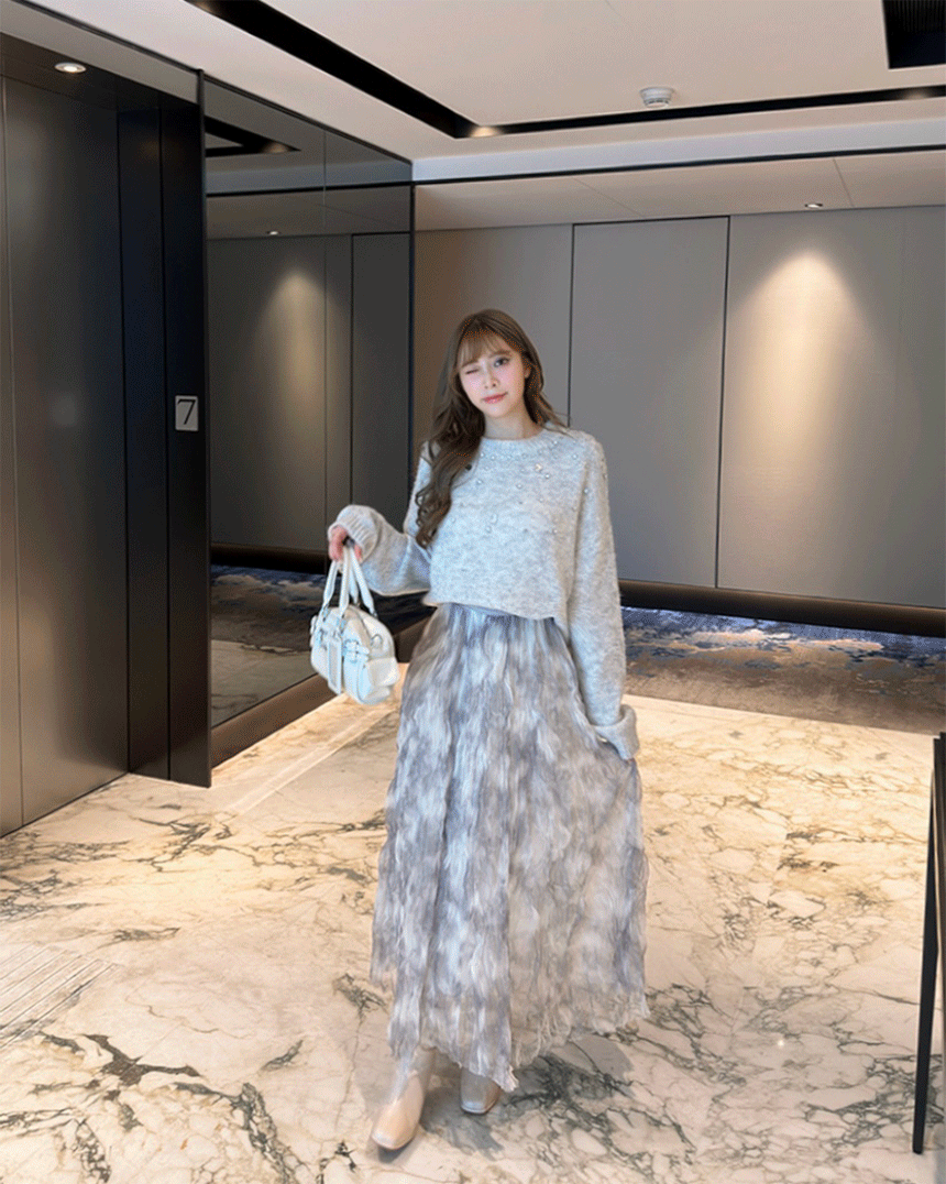 LINA LINA優美繞影暈染感混色抓皺鬆緊長裙-高貴灰