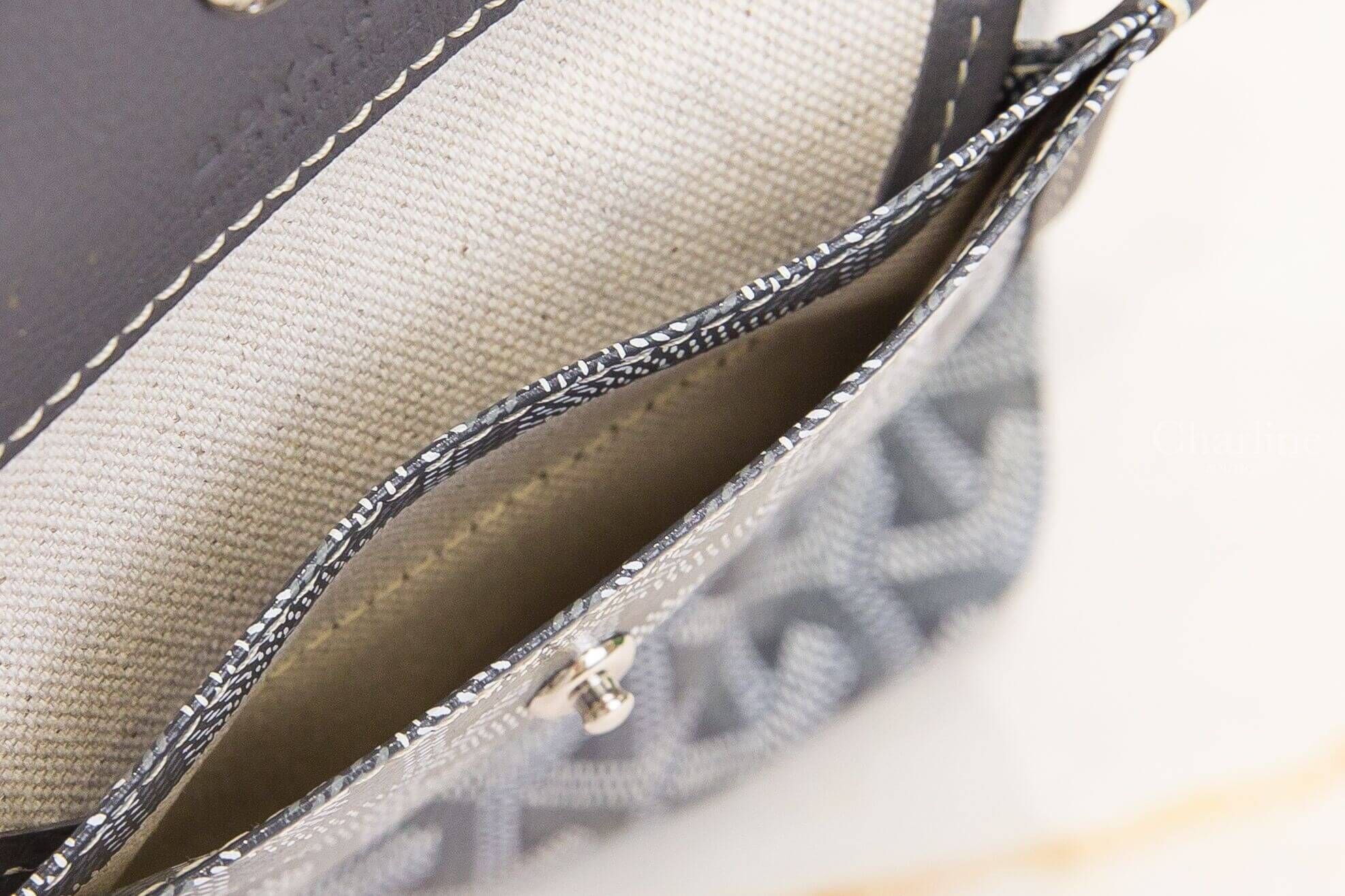 Goyard Hobo Bohème Mini 灰色 Goyardine 帆布牛皮迷你肩背包 內裡布料與拉鍊收納細節近拍