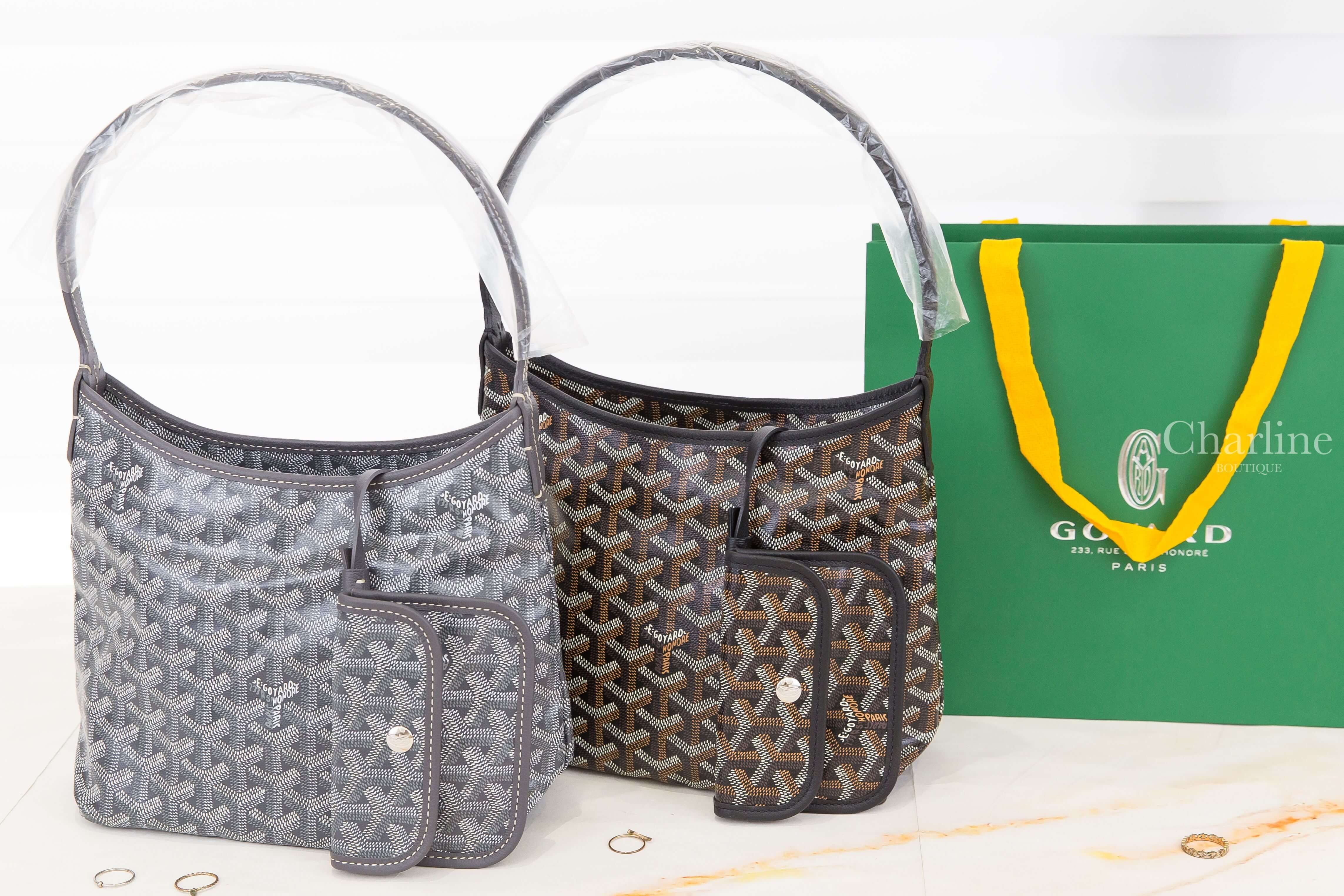 Goyard Hobo Bohème Mini 灰色 Goyardine 帆布牛皮迷你肩背包 灰色與黑棕色包款正面比較展示