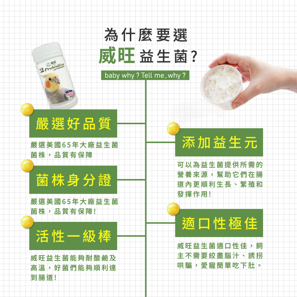 威旺益生菌產品特色介紹圖,強調嚴選美國65年大廠益生菌菌株、菌株身分證、耐酸耐熱高活性益生菌,添加益生元幫助腸道健康,適口性佳,適合寵物日常腸胃保健食用