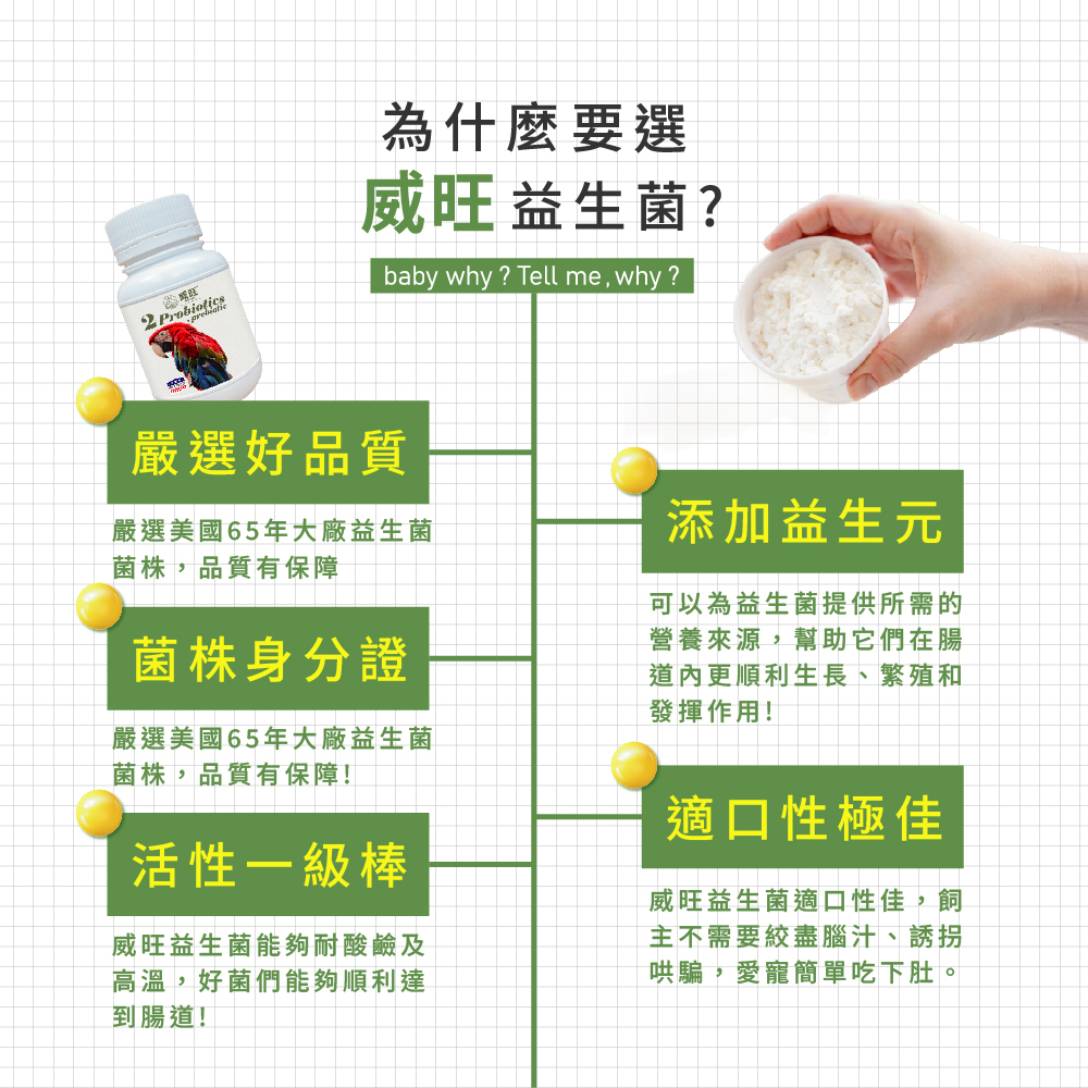 威旺益生菌產品特色介紹圖，強調嚴選美國65年大廠益生菌菌株、菌株身分證、耐酸耐熱高活性益生菌，添加益生元幫助腸道健康，適口性佳，適合寵物日常腸胃保健食用