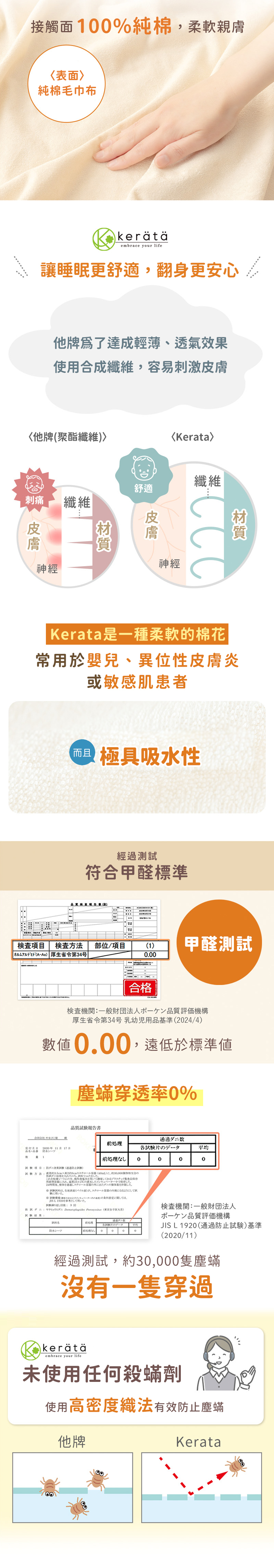 防水隔尿保潔墊,接觸面100%純棉,讓睡眠更舒適,翻身更安心。經過測試,符合甲醛標準,使用起來更安心。有效隔絕塵螨,適合呼吸道敏感者