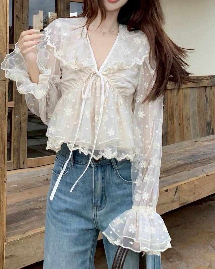 V領花朵刺繡袖透膚上衣