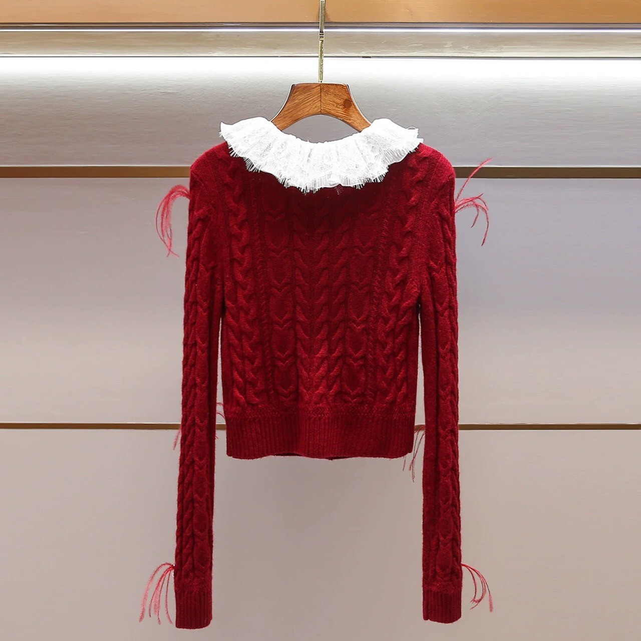 設計師家蕾絲領珍珠鴕鳥毛針織上衣