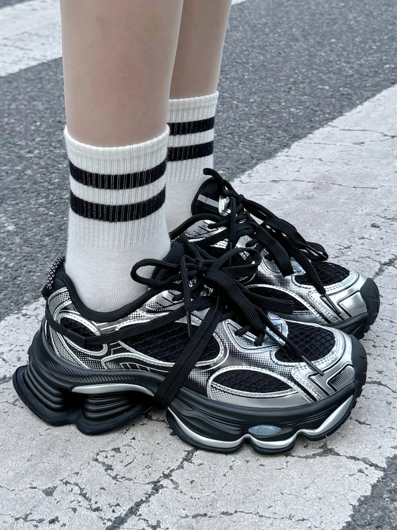 代購-Kappa卡帕  厚底增高 科技感 老爹鞋 女款 銀黑