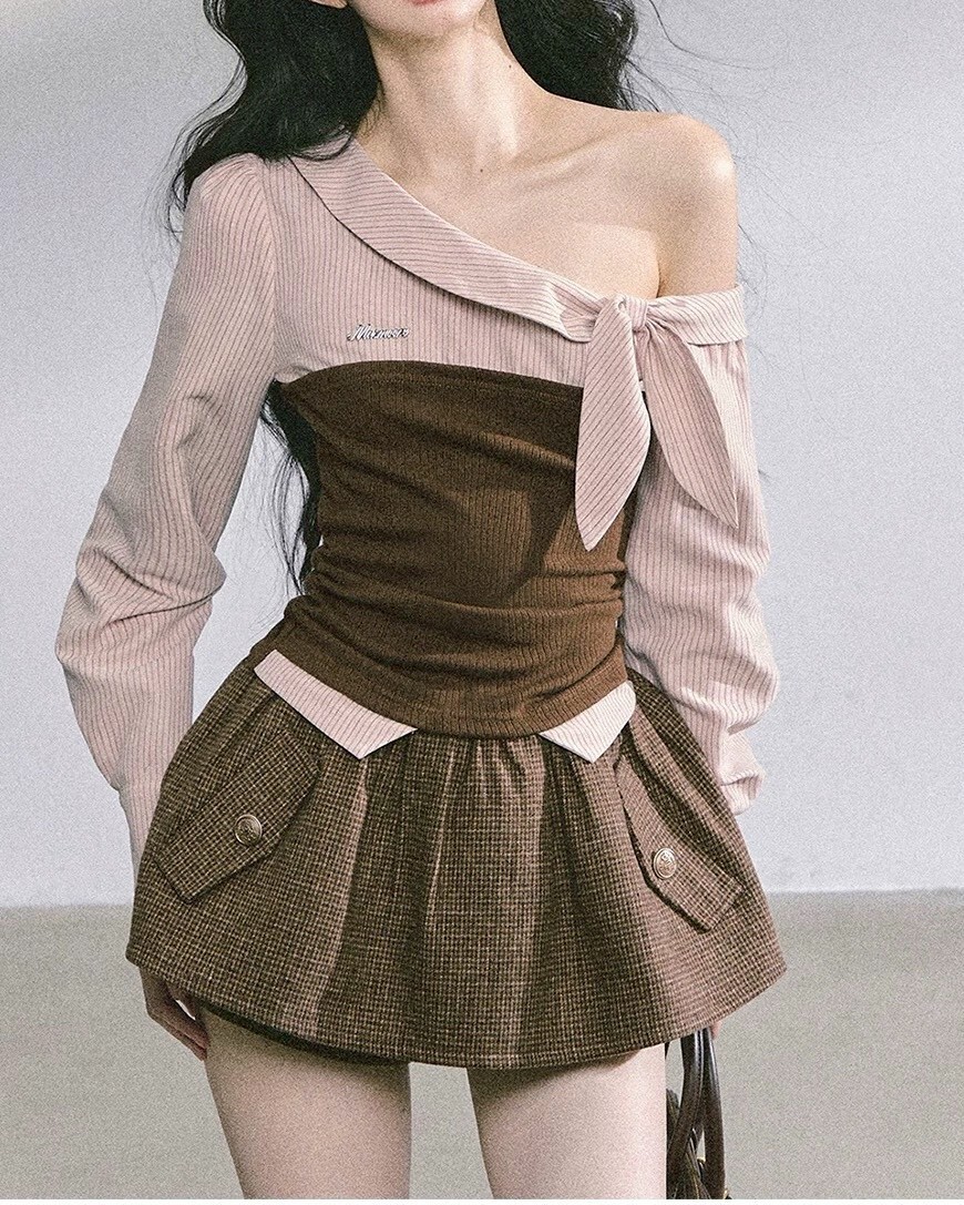 設計師家斜肩條紋襯衫假兩件式上衣