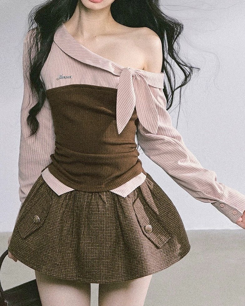 設計師家斜肩條紋襯衫假兩件式上衣