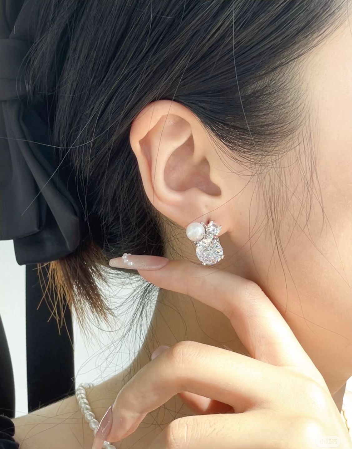 【預購】AD123003 珍珠莫桑鑽耳環(開口款)