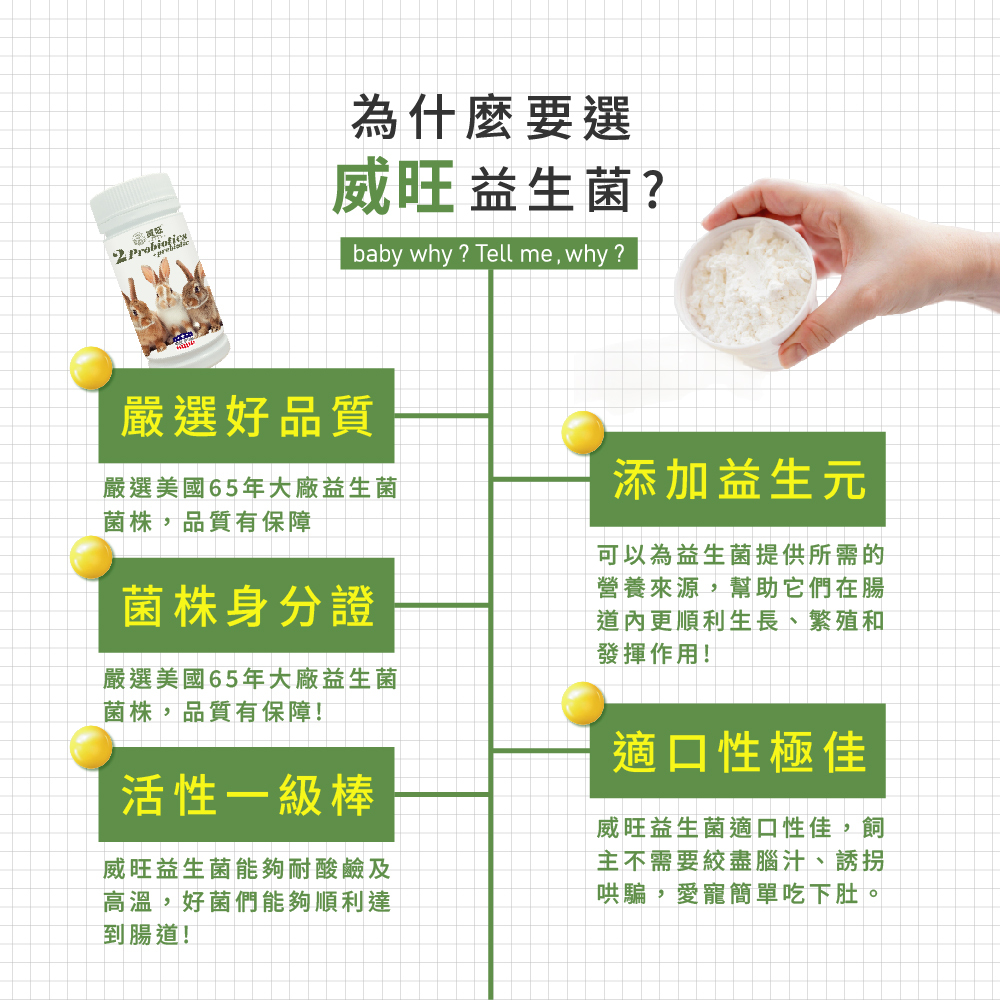 威旺益生菌產品特色介紹圖，強調嚴選美國65年大廠益生菌菌株、菌株身分證、耐酸耐熱高活性益生菌，添加益生元幫助腸道健康，適口性佳，適合寵物日常腸胃保健食用