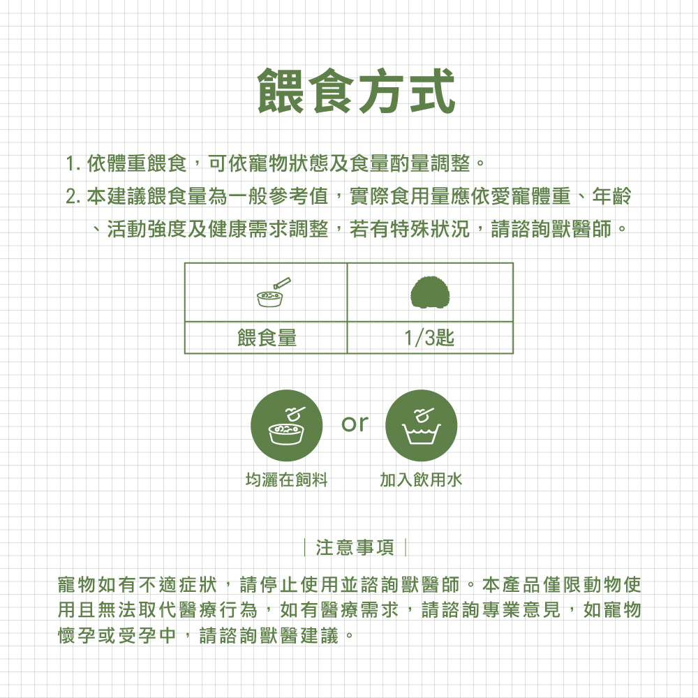 威旺刺蝟腸胃二菌食用方式示意，可加入飼料內或搭配飲用水食用