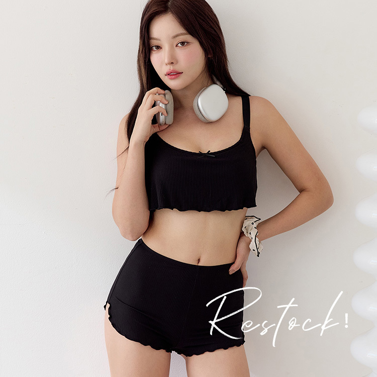 Top【BOBO ．Short Version Night Bra】 Double C Modal Ribbed Jersey Ruffle Hem Pyjamas ( Hot Black )