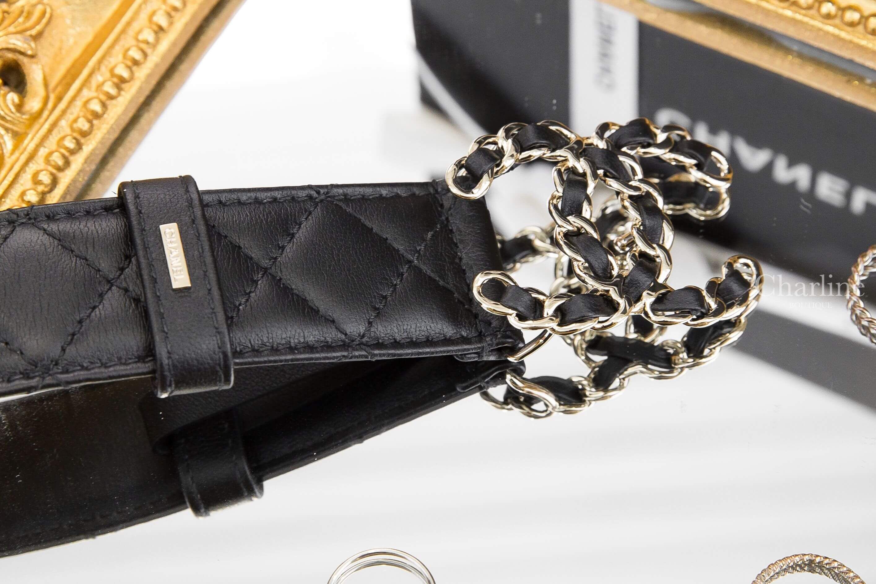 Chanel Leather Belt 黑色皮穿鍊金CC菱格紋小牛皮皮帶