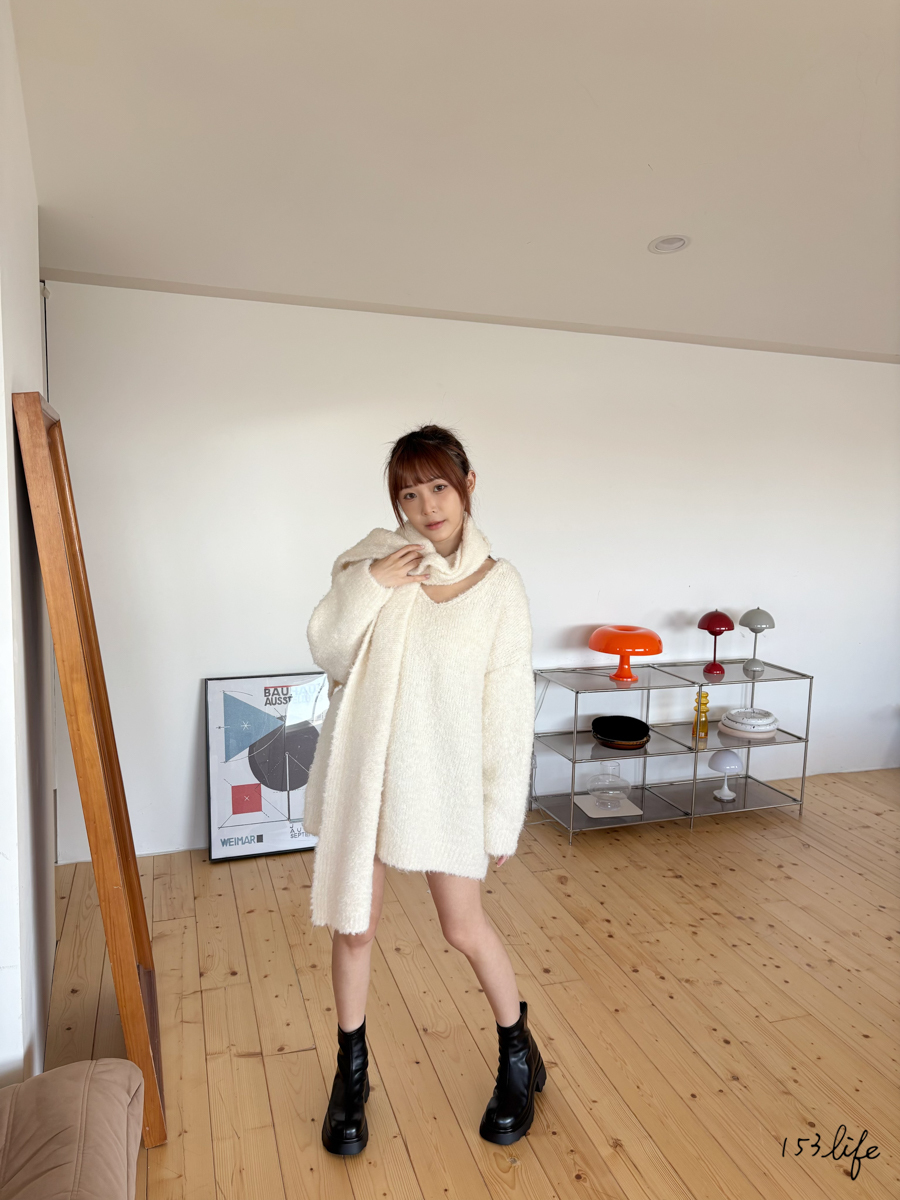 |現貨|QQ毛長版針織毛衣附圍巾(杏)