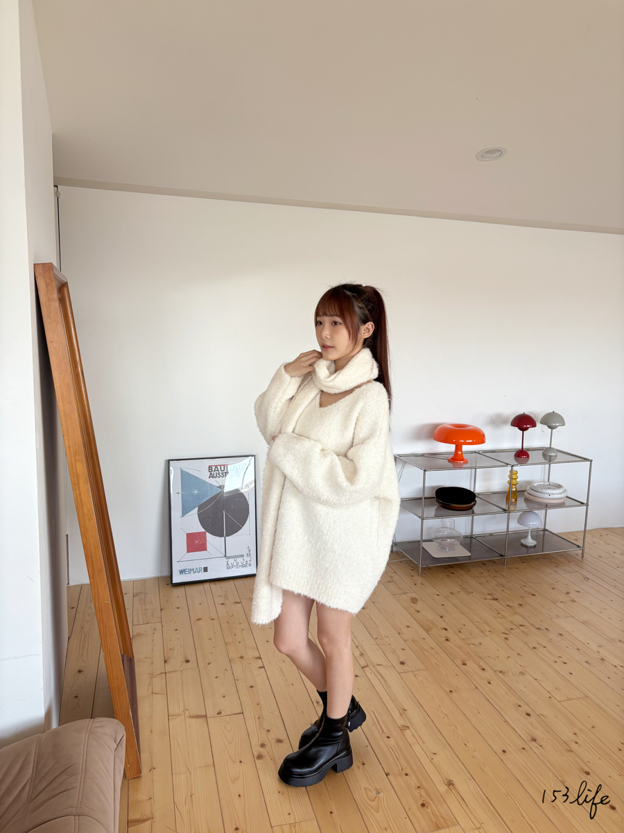 |現貨|QQ毛長版針織毛衣附圍巾(杏)