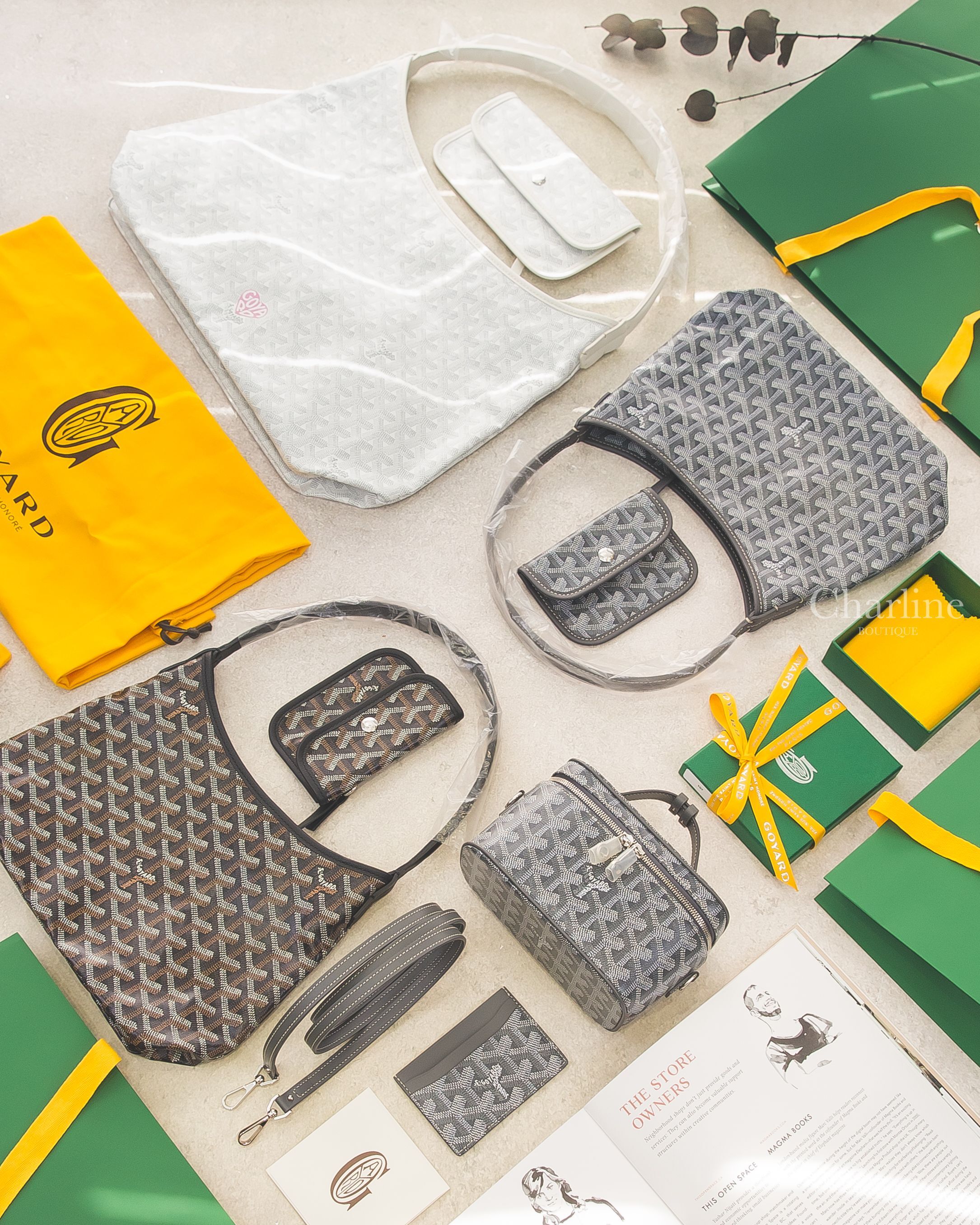 Goyard Hobo Bohème Mini 灰色 Goyardine 帆布牛皮迷你肩背包 Goyard 多款包袋與配件平拍情境展示